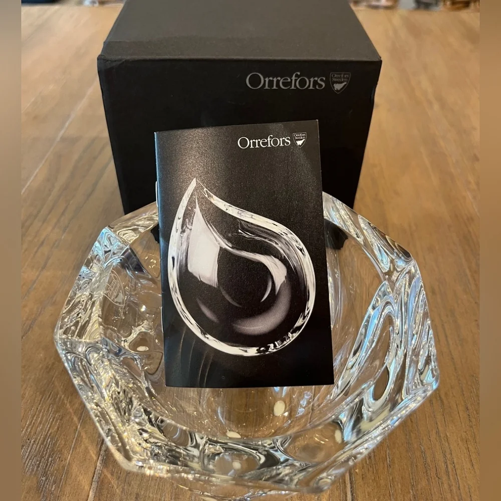 Vintage Orrefors Olle Iberius Design Crystal Swirl Octagon Bowl Signed NIB - Picture 10 of 12